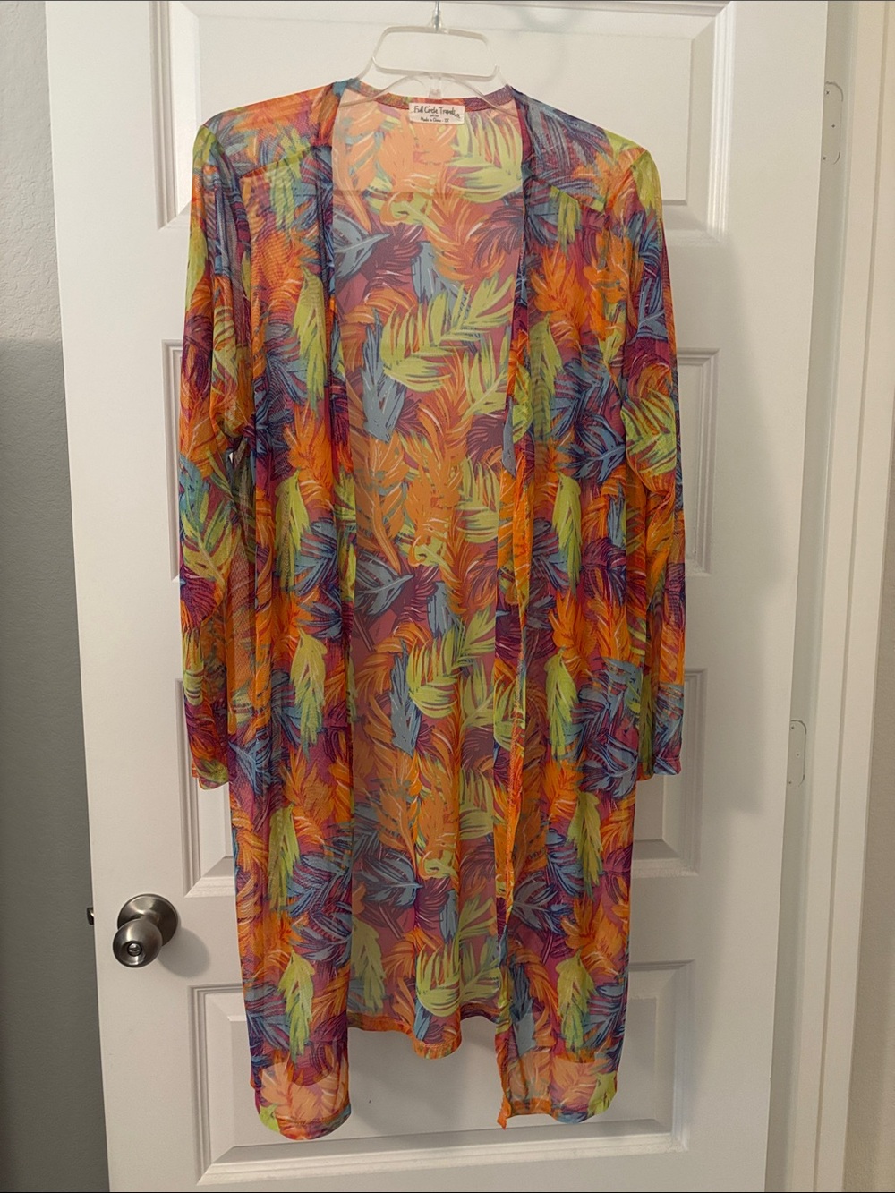 Full Circle Trends Orange Mesh Vibrant Tropical Sheer Duster  swim coverup SZ 2X